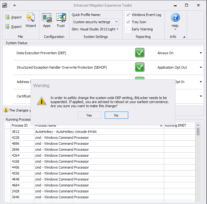 Screenshot showing: In order to change the system-wide dep setting, BitLocker needs to be suspended. If applied, you are advised to reboot at your earliest convenience. Are you sure you want to make this change? [Yes] [No]